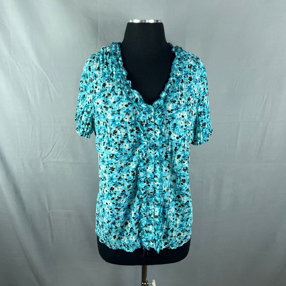 Fred David Blouse Top Womens XL Turquoise Floral Crinkle Texture Ruffled V Neck